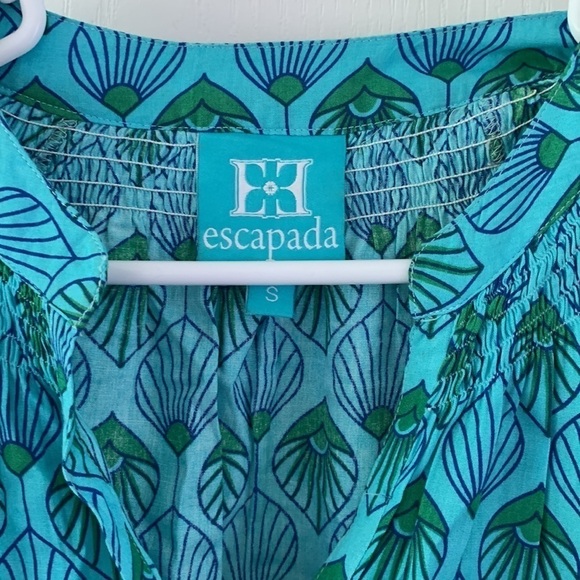 Escapada blue teal top blouse printed size Small peacock print smocked neck - Picture 5 of 14